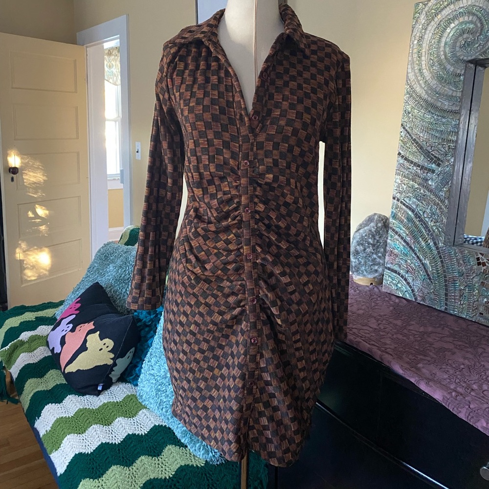 Zara NWT Checkered ruched knee length shirt dress